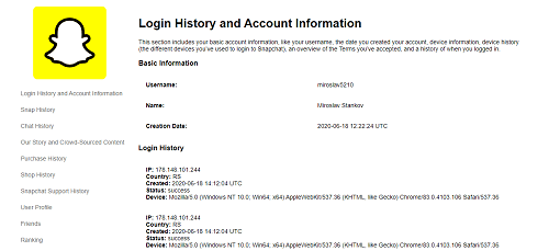 login history and account information