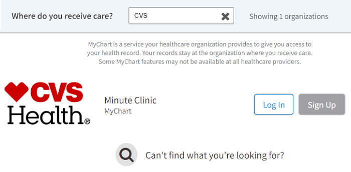 CVS MinuteClinic login and sign up link on MyChart website