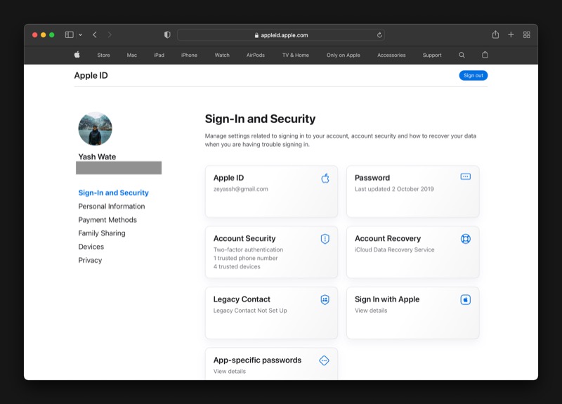 apple sign in and security page